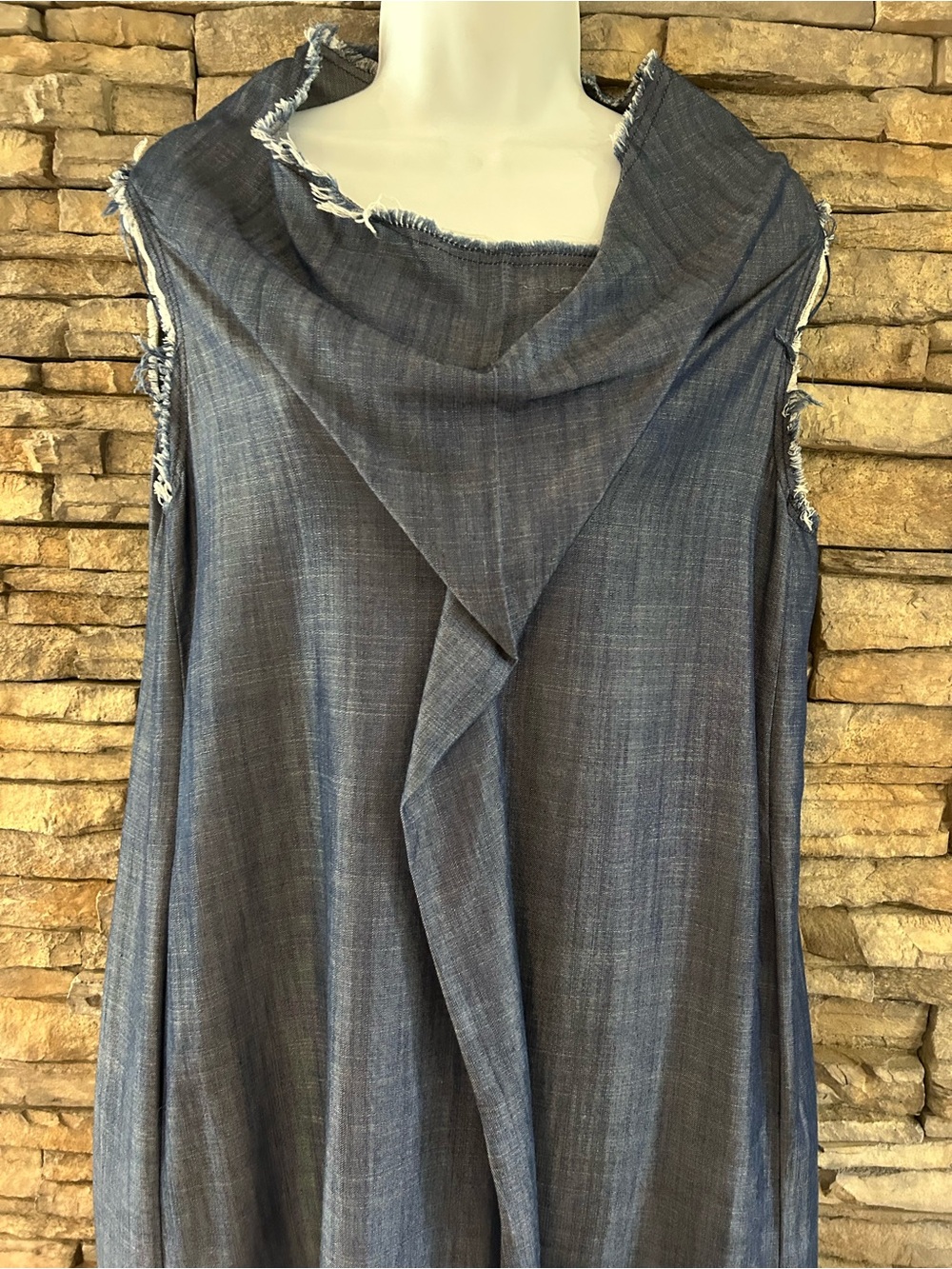 Veronique Miljkovitch Dress Navy Blue midi chambray distressed neck/sleeves - Picture 2 of 5
